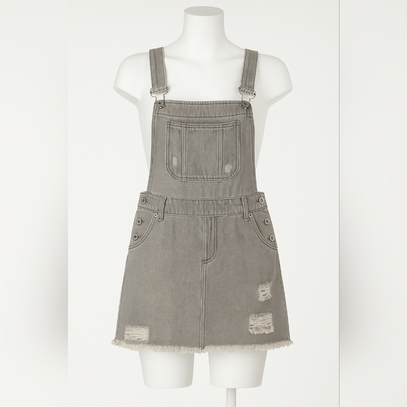 POL Gray Distressed Denim Overall Skirt Jumper Dress Small Frayed Hem Casual - Picture 7 of 12